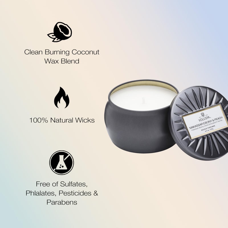 Voluspa Makassar Ebony & Peach, Mini Tin Candle, 4 oz, 25 Hour Burn Time, Coconut Wax for Clean Burning, Handcrafted in The USA - Image 4